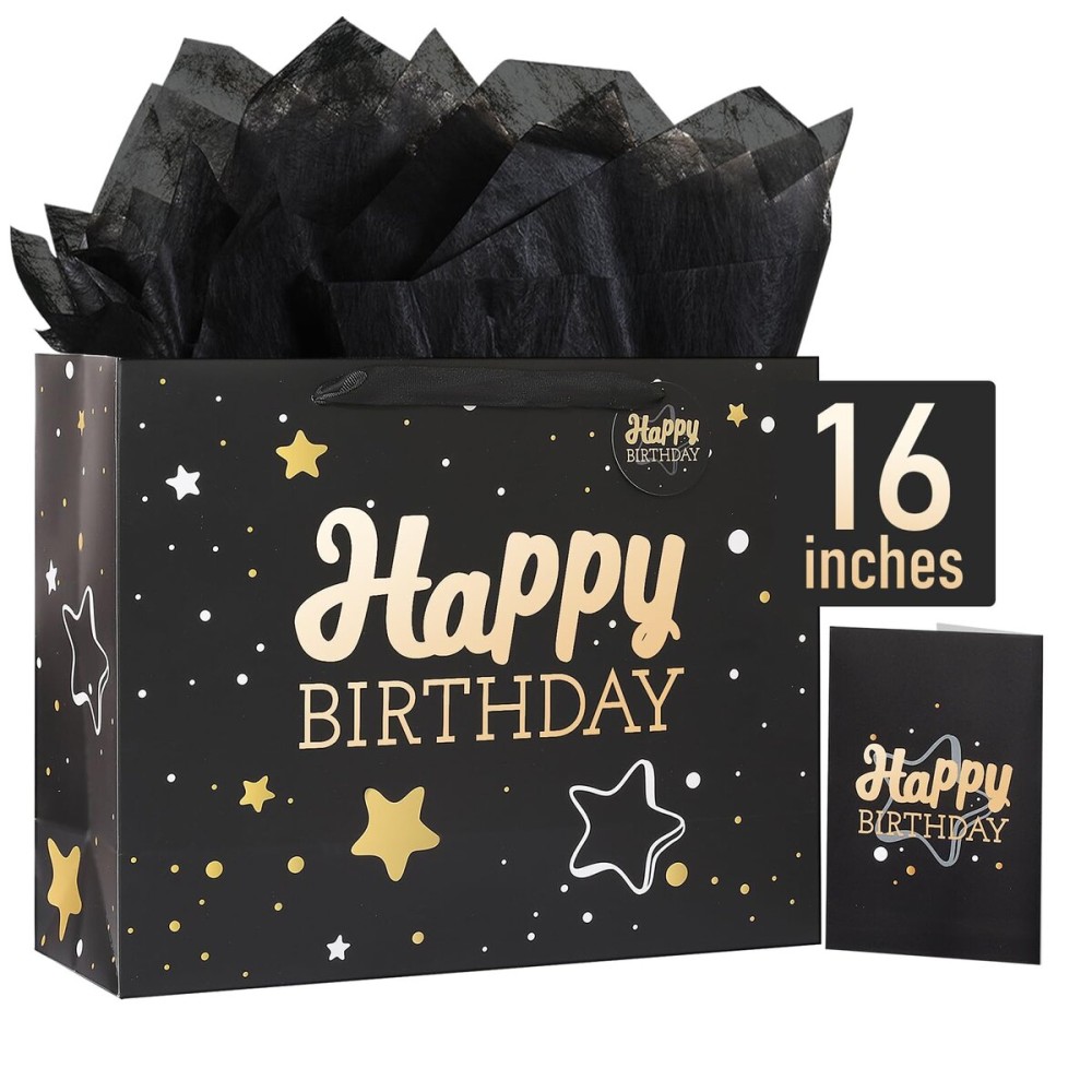 16 Black Happy Birthday Gift Bag with Tissue Paper and Greeting Card for Party,Happy Birthday Gift Bag for Men Women,Gift Bags Extra Large(1 PCS Black Hot Stamping)