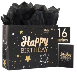 16 Black Happy Birthday Gift Bag with Tissue Paper and Greeting Card for Party,Happy Birthday Gift Bag for Men Women,Gift Bags Extra Large(1 PCS Black Hot Stamping)