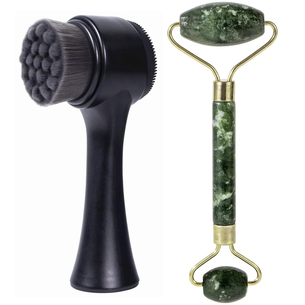 Beomeen Face Brush 2 in 1, Silicone Facial Cleansing Exfoliating Brush Soft Bristles Pore Deep Cleansing, Jade Face Roller Skin Care Tools, Manual Dual Face Wash Scrub Brush Massaging Gift, BlackGreen