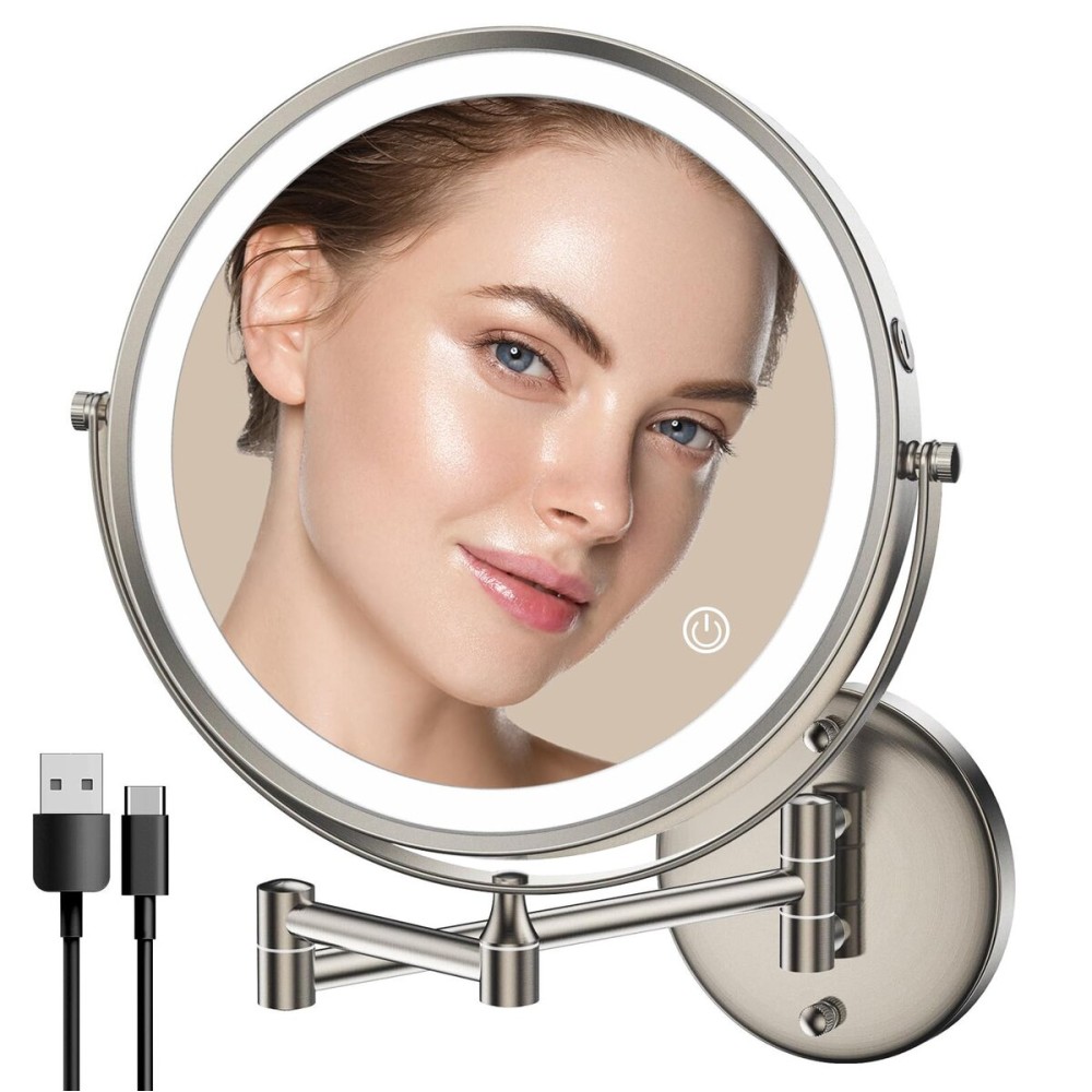 Rocollos 9 Wall Mounted Lighted Makeup Mirror, Large Double Sided 1X/10X Magnifying Mirror, 3 Color LED Vanity Mirror, Touch Dimmable 360 Swivel Light Up for Bathroom
