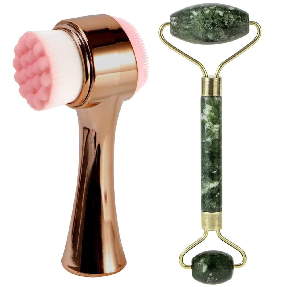 Beomeen Face Brush 2 in 1, Silicone Facial Cleansing Exfoliating Brush Soft Bristles Pore Deep Cleansing, Jade Face Roller Skin Care Tools, Manual Dual Face Wash Scrub Brush Massaging Gift, Gold Green