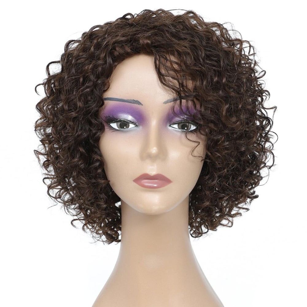 HUA Short Curly Human Hair Wigs for Black Women Highlights Brown Color Kinky Curly Wigs for White/Black Women 8 Inch Brazilian Short Human Hair Wigs for Black Women Wear And Go Glueless Wig