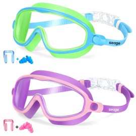 Kids Goggles for Swimming 2 Pack No Leaking Anti-Fog Outer Eye Fit with Wide View UV Protection Crystal Clear Watertight Swim Goggles with nose cover Suitable for Children Youth Boys Girls Age 3 to 14