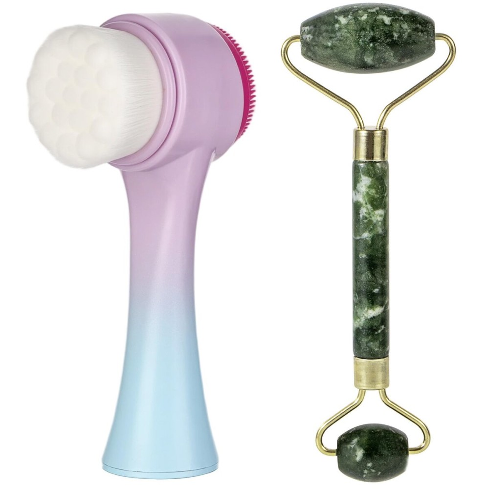 Beomeen Face Brush 2 in 1, Silicone Facial Cleansing Exfoliating Brush Soft Bristles Pore Deep Cleansing, Jade Face Roller Skin Care Tools, Manual Dual Face Wash Scrub Brush Massaging Gift