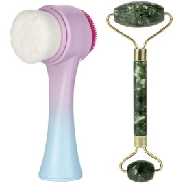 Beomeen Face Brush 2 in 1, Silicone Facial Cleansing Exfoliating Brush Soft Bristles Pore Deep Cleansing, Jade Face Roller Skin Care Tools, Manual Dual Face Wash Scrub Brush Massaging Gift