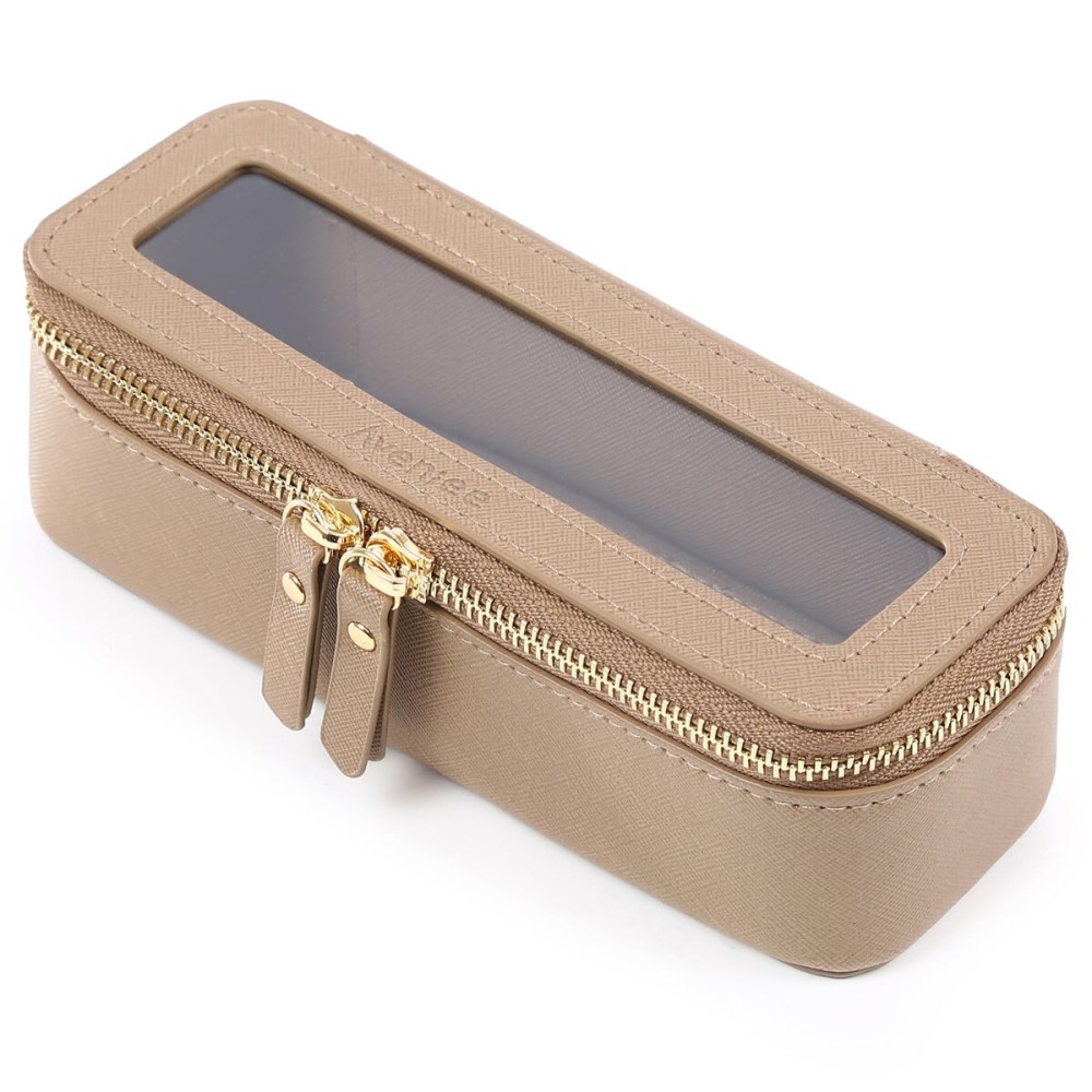 Aveniee Clear Makeup Brush Bag, Slim Cosmetic Brush Holder, Small Travel Toiletry Bag for Women, Thin Make up Bags with Dual Zipper, Mini Travel Essentials Organizer - Taupe