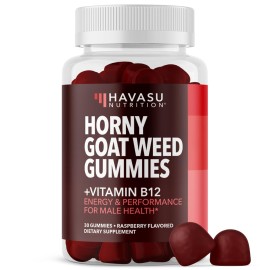 Horny Goat Weed Gummies with Vitamin B12 - Energy, Endurance & Performance Support for Male Health - 30 Count - Vegetarian-Friendly, Non-GMO, Pectin-Based - Raspberry Flavor, 15 Servings