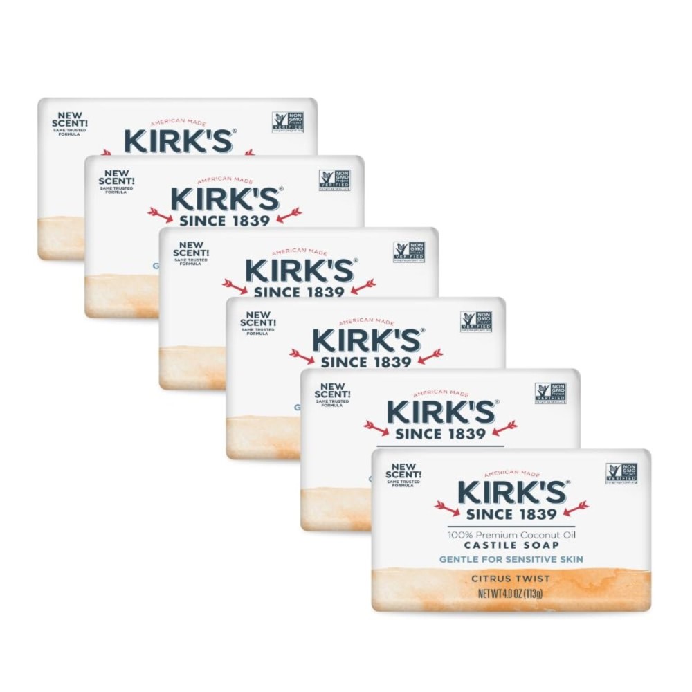 Kirk\'s Castile Bar Soap for Men, Women & Children - Made with Premium Coconut Oil, Sensitive Skin Formula- Vegan & Non GMO- Citrus Twist- 4 oz. Bars 6 Pack