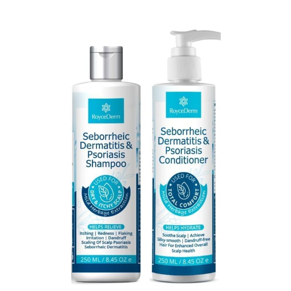 Roycederm Seborrheic Dermatitis & Psoriasis Shampoo and Conditioner Set - Effective Scalp Treatment for Folliculitis, Psoriasis, Dandruff, Dry Itchy Scalp - Soothing, Moisturizing Herbal Formula