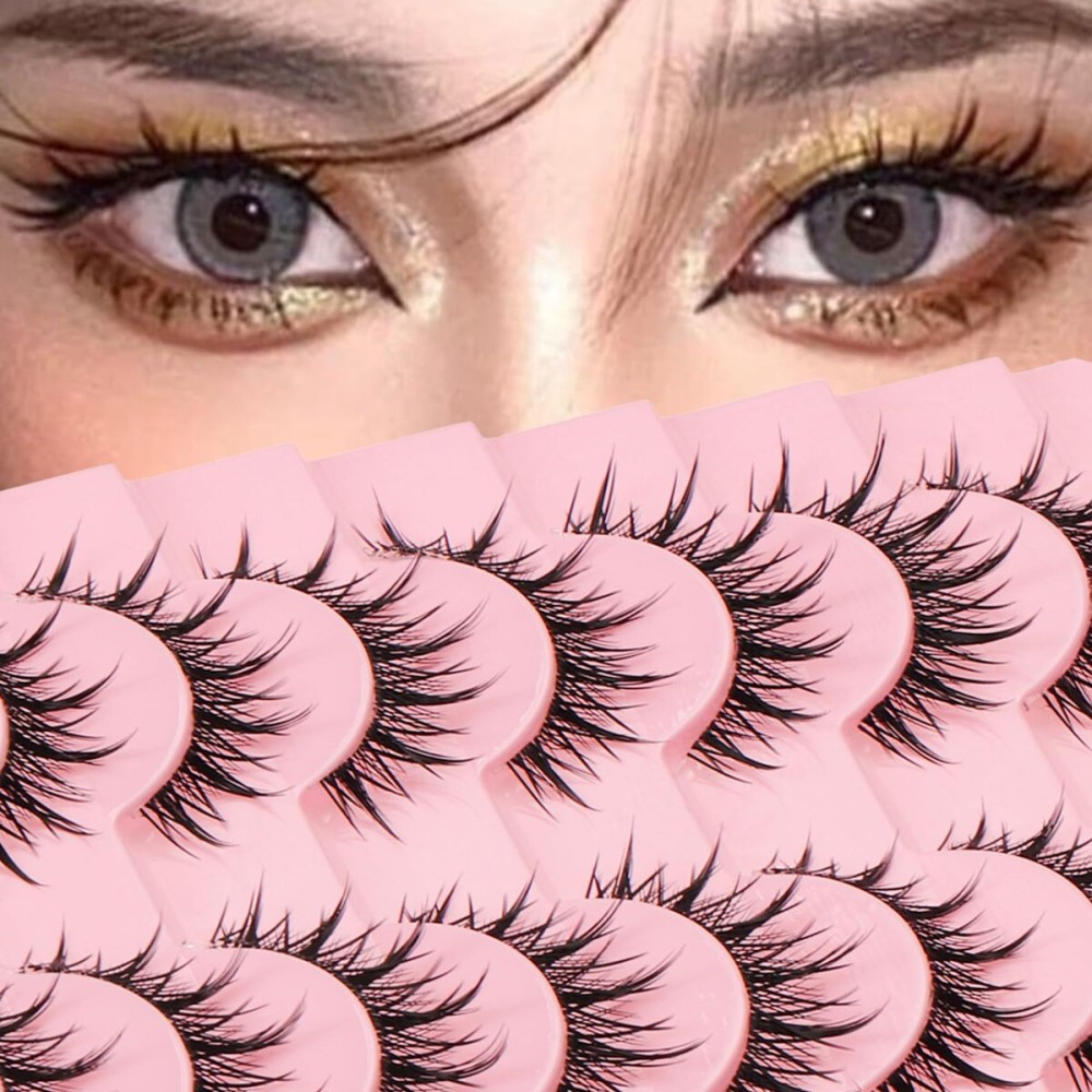 outopen 10 Pairs Manga Lashes Natural Look False Eyelashes Wispy Spiky Anime Lashes Korean Japanese Asian Style Cosplay Fake Eyelashes with Clear Band