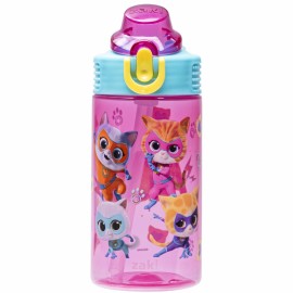 Zak Designs Disney SuperKitties Sage Kids Water Bottle For School or Travel, 16oz Durable Plastic Water Bottle With Straw, Handle, and Leak-Proof, Pop-Up Spout Cover (Ginny, Sparks, Buddy, Bitsy)