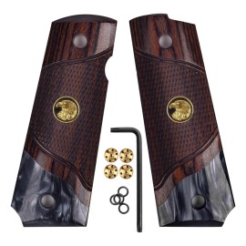 Cool Hand 1911 Wood Grips, Grips Gold Screws Included, Full Size (Government/Commander), Checker Diamond Cut or w/Patriotic US Logo or Honey Comb Texture, Ambi Safety Cut (Rosewood w/Black Pearl)
