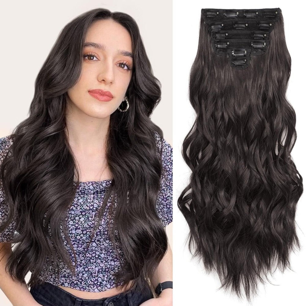 Fliace Clip in Hair Extensions for Women Dark Brown Long Wavy Hair Extensions Clip Ins 6PCS 24 Inch Synthetic Soft and Natural Thick Hair Pieces for Women
