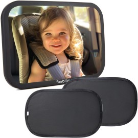 Funbliss Baby Car Mirror + 2 Pack Car Window Shades UPF 50+, Wide Angle Convex Mirror for Baby Rear Facing, 360-Degree Adjustable, Easy Assembly-Free