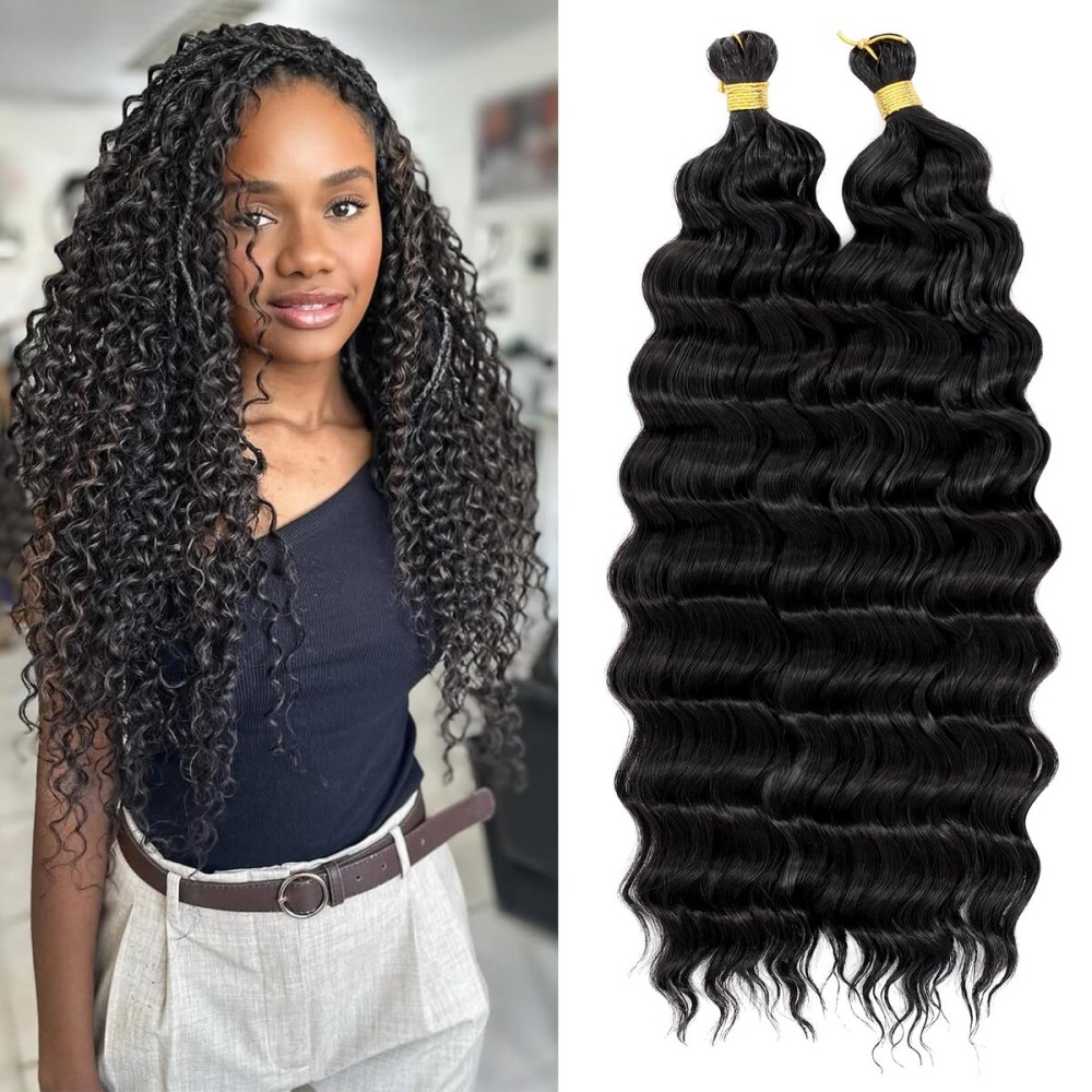 Eerya Long Curly Braiding Hair 16 Inch 2 Packs Deep Ocean Wave Crochet Hair for Black Women Deep Wave Braiding Hair for Boho Braids16 inch, 1B