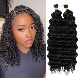 Eerya Long Curly Braiding Hair 14 Inch 2 Packs Burgundy Deep Ocean Wave Crochet Hair for Black Women Deep Wave Braiding Hair for Boho Braids14 inch, 1B