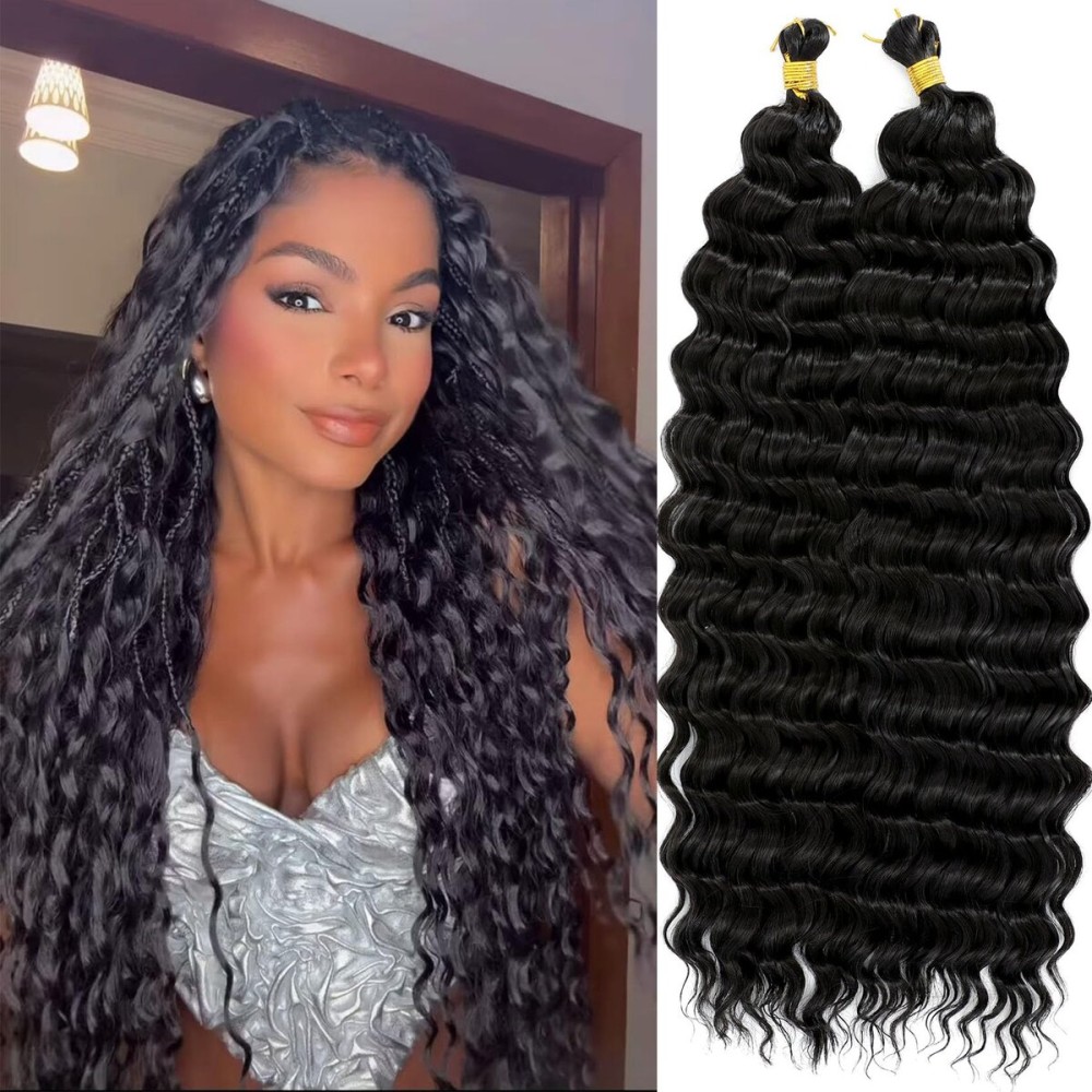 Eerya Long Curly Braiding Hair 20 Inch 2 Packs Deep Ocean Wave Crochet Hair for Black Women Deep Wave Braiding Hair for Boho Braids20 inch, 1B