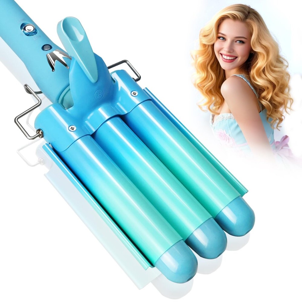 3 Barrel Curling Iron Hair Crimper: Aleath Dual Voltage Adjustable Temperature Three Barrels Hair Waver - Ceramic 1 inch Curler WandBlue
