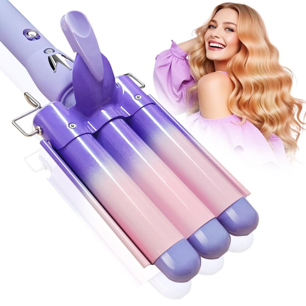 3 Barrel Curling Iron Hair Crimper: Aleath Dual Voltage Adjustable Temperature Three Barrels Hair Waver - Ceramic 1 inch Curler WandPurple