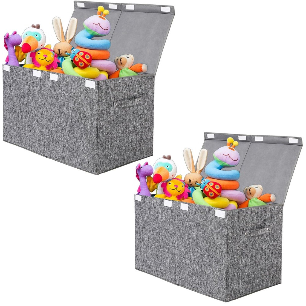 popoly 2 Pack Large Toy Box Chest with Lid, Collapsible Sturdy Toy Storage Organizer Boxes Bins Baskets for Kids, Boys, Girls, Nursery, Playroom, 25x13 x16 (Linen Gray)