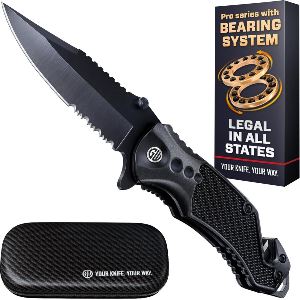 Legal Pocket Knife with Ball Bearing & Case - 5 in 1 Knife - 2.95 Serrated Blade, Glass Breaker, Seat Belt Cutter - EDC Folding Knives with Portable Clip - Tool for Tactical Camping Survival 6680 U