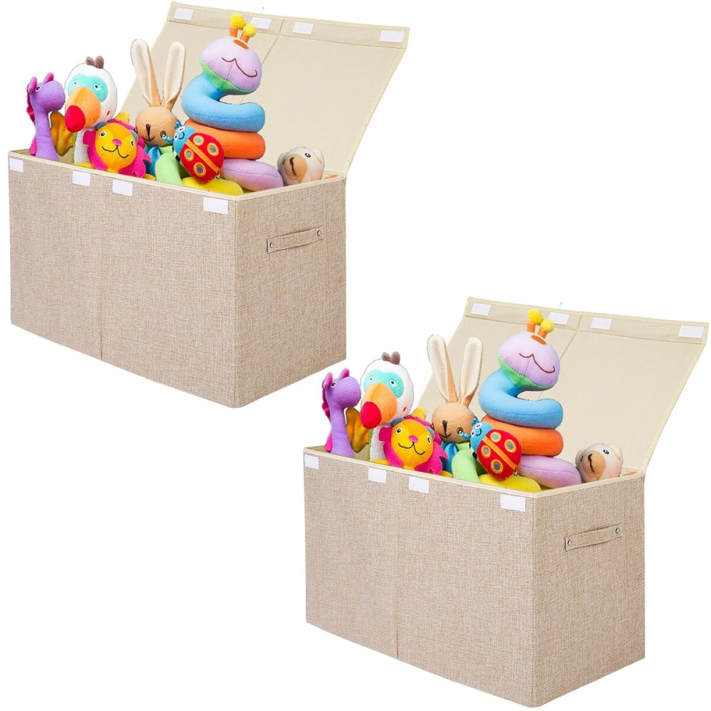 2 Pack Large Toy Box Chest Storage with Flip-Top Lid, Sturdy Kids Toy Storage Bin Boxes Container for Boys, Girls, Nursery, Closet, Bedroom, Playroom 25x13 x16(Linen Beige)