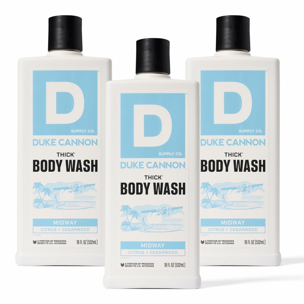 Duke Cannon Supply Co. Thick High Viscosity Body Wash - 3X Thicker, Plant-Based, Mineral-Enriched - Shower Gel for Men, Body Scrub - Midway, 3 Pack (18 oz)