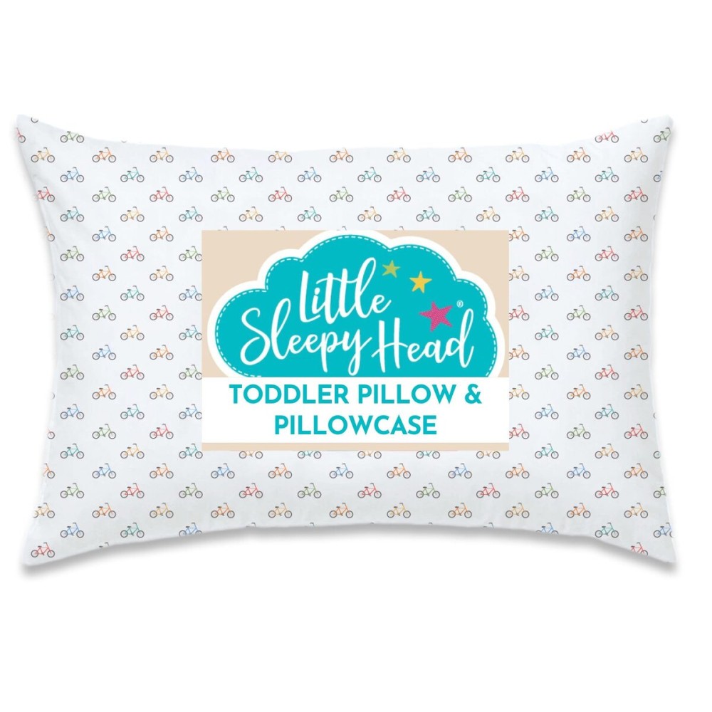 Little Sleepy Head Toddler Pillow with Pillowcase 13x18 - Kids Pillow for Sleeping - Better Neck Support Ergonomic Pillow and Toddler Pillowcase - Best Pillows for Kids (Bicycles)