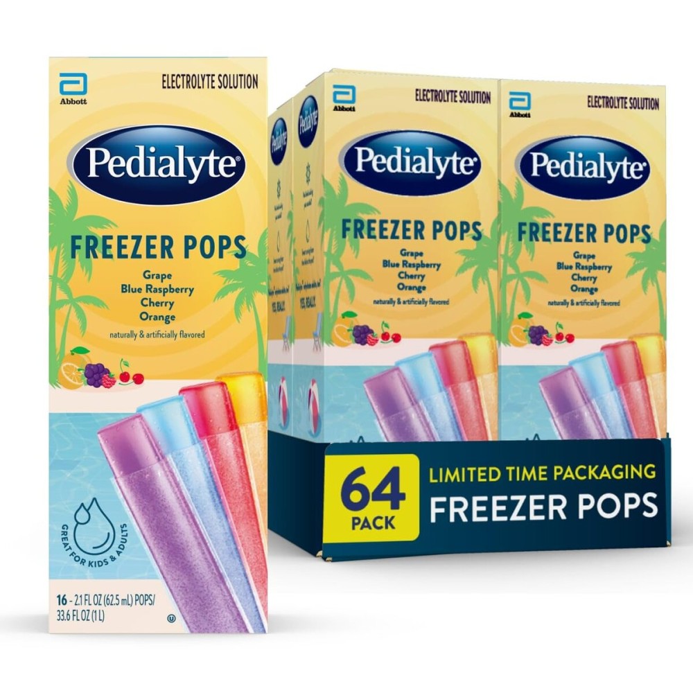 Pedialyte Electrolyte Solution Freezer Pops | Seasonal Packaging | Hydration Variety Pack-Grape, Blue Raspberry, Cherry, Orange | Pack of 64