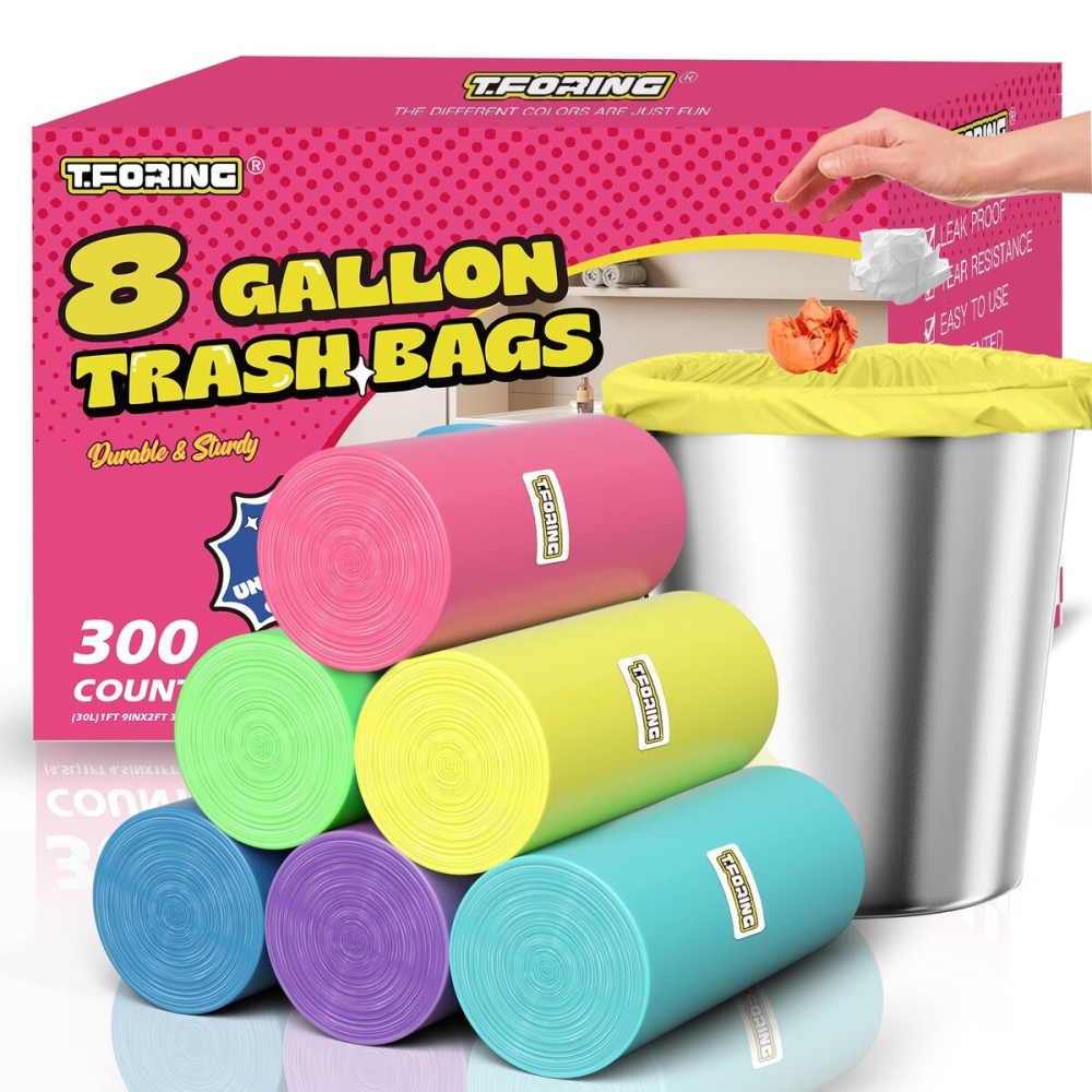 T.FORING 300 Count 8 Gallon Trash Bags - Heavy Duty Medium Garbage Bags 30 Liter Unscented 0.94 Mil Thick & Leakproof Wastebasket Liners for Kitchen Bathroom Home