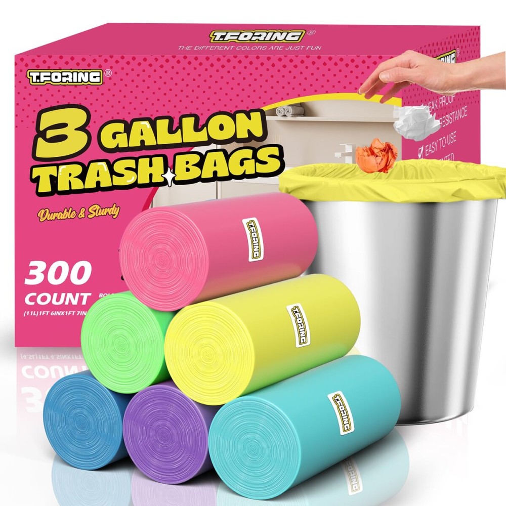 T.FORING 300 Count 3 Gallon Trash Bags - 12 Liter Colored Small Garbage Bags Unscented Wastebasket Liners Heavy Duty & Leakproof Mini Can Liners for Bathroom Toilet Home Office