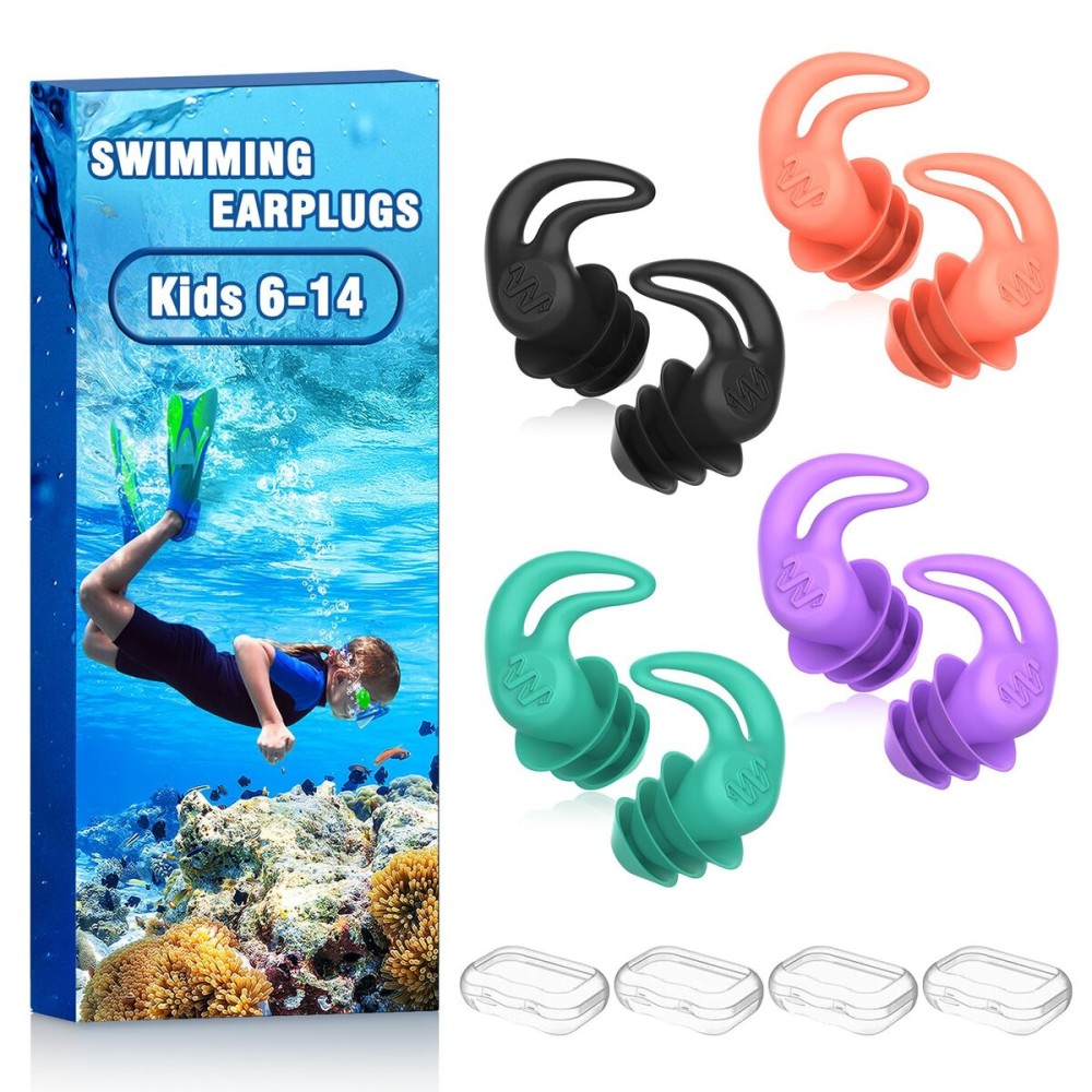 Waterproof Ear Plugs for Swimming Kids - 4 Pairs Reusable Silicone Swimming Ear Plugs for Children Ages 6-14, Keep Ear Water Out, Surfing, Bathing, Water Sports