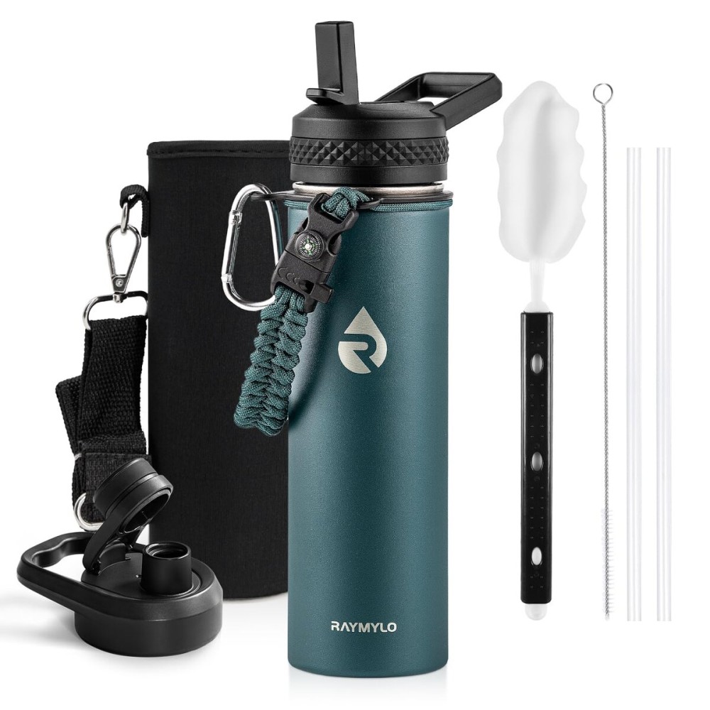 RAYMYLO Insulated Water Bottle 20 oz, Triple Wall Vacuum Stainless Steel (Cold for 48 Hrs), Leak Proof & Non-BPA, Kids Water Bottle Jug for School with Straw Spout Lids, Dark Green