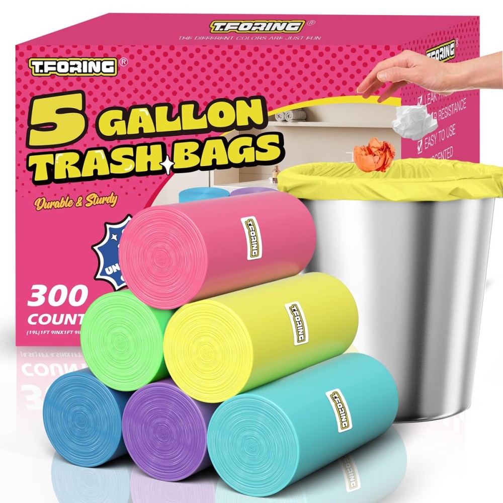 T.FORING 300 Count 5 Gallon Trash Bags - 18 Liter Colored Small Garbage Bags Unscented Wastebasket Liners 0.94 Mil Thick & Leakproof for Home Office Bedroom Bathroom