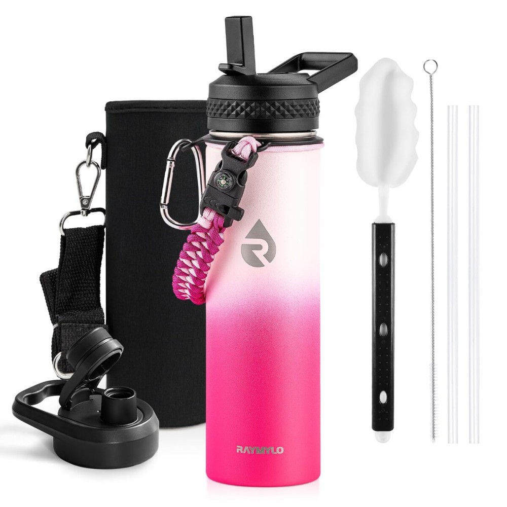 RAYMYLO Insulated Water Bottle 20 oz, Triple Wall Vacuum Stainless Steel (Cold for 48 Hrs), Leak Proof & Non-BPA, Kids Water Bottle Jug for School with Straw Spout Lids, Ombre Pink