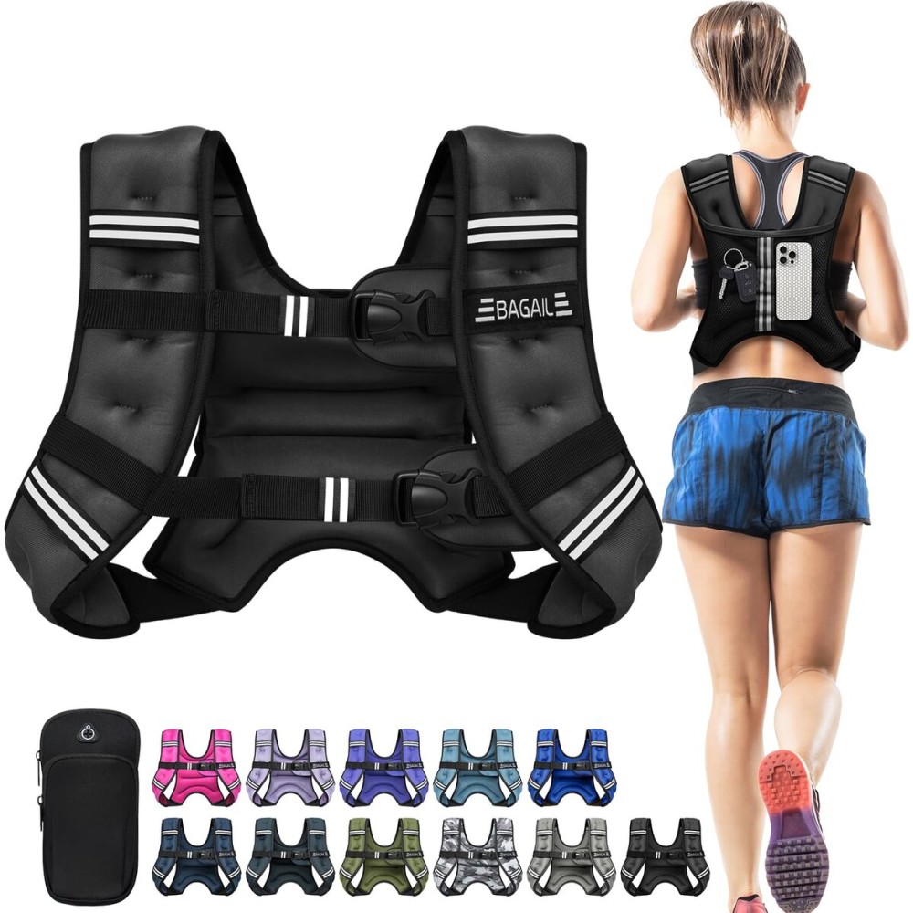 BAGAIL Weighted Vest, 5lb/8lb/10lb/12lb/15lb/20lb/25lb/30lb Weight Vest for Walking & Weight Loss, Reflective Rucking Vest with Phone Pouch for Women & Men, Home Gym & Outdoor Training