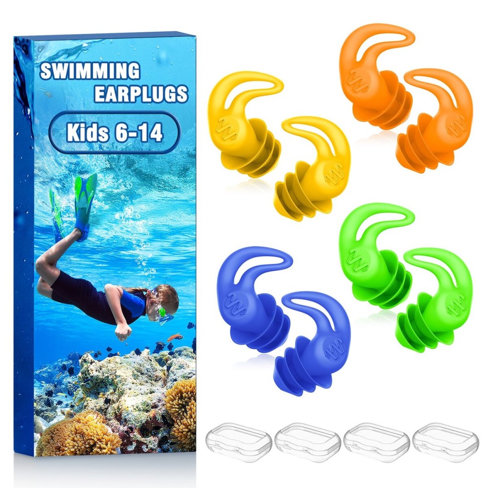 Waterproof Ear Plugs for Swimming Kids - 4 Pairs Reusable Silicone Swimming Ear Plugs for Children Ages 6-14, Keep Ear Water Out, Surfing, Bathing, Water Sports