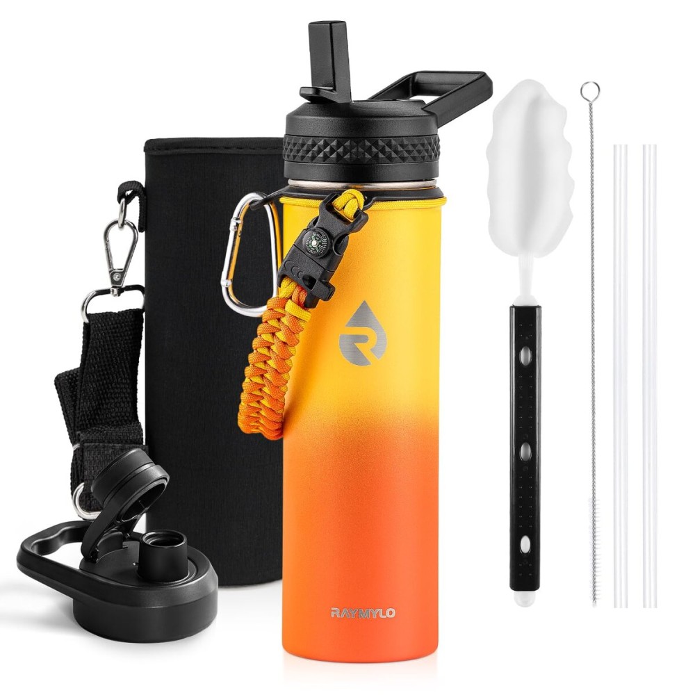 RAYMYLO Insulated Water Bottle 20 oz, Triple Wall Vacuum Stainless Steel (Cold for 48 Hrs), Leak Proof & Non-BPA, Kids Water Bottle Jug for School with Straw Spout Lids, Ombre Orange