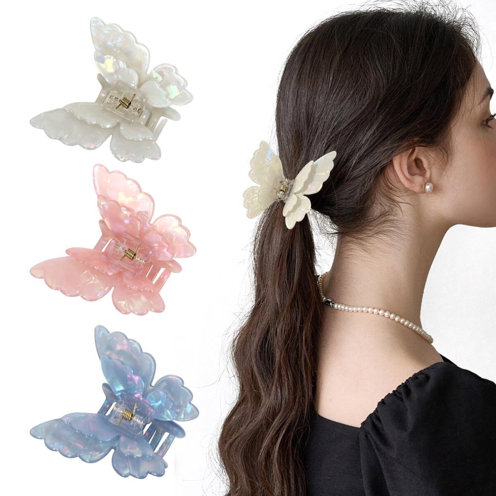 NAISIER Butterfly hair clips for women girl Butterfly claw clips Hair Accessories for Girls & Women.(White pink blue)