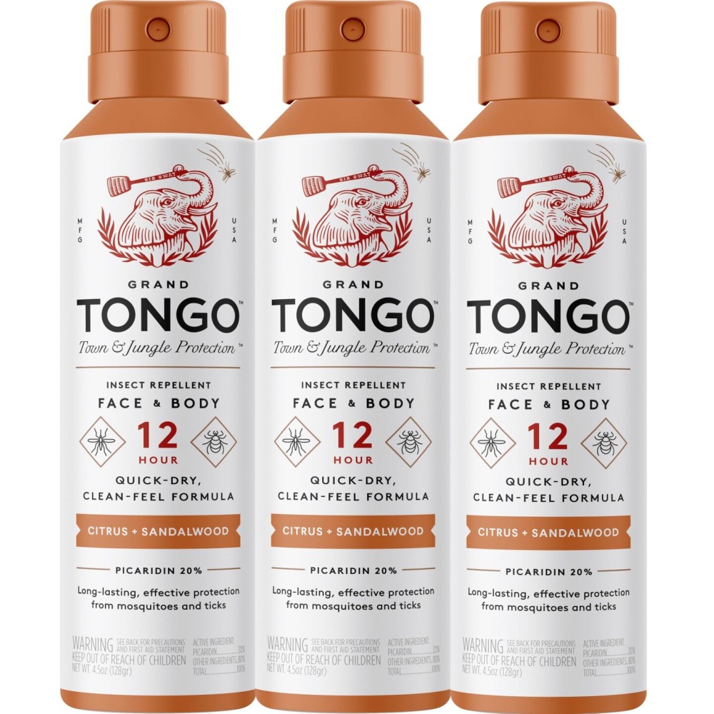 Grand Tongo Citrus + Sandalwood Insect Repellent, 12-Hour Mosquito & Tick Protection, Picaridin-Based, Water-Based, Lightweight, Quick-Drying, Vanishing Scent, DEET Alternative, Face & Body Use,3 Pack