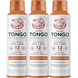 Grand Tongo Citrus + Sandalwood Insect Repellent, 12-Hour Mosquito & Tick Protection, Picaridin-Based, Water-Based, Lightweight, Quick-Drying, Vanishing Scent, DEET Alternative, Face & Body Use,3 Pack
