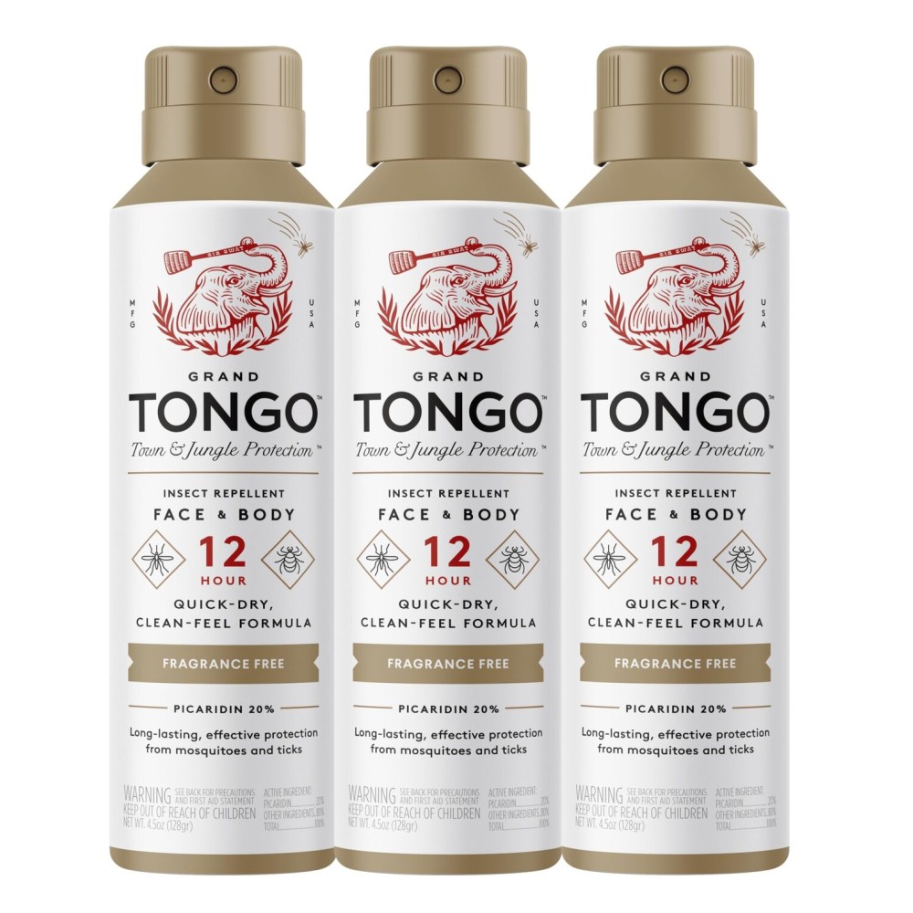 Grand Tongo Fragrance Free Insect Repellent, 12-Hour Mosquito & Tick Protection, Picaridin-Based, Water-Based, Lightweight, Quick-Drying, DEET Alternative, Face & Body Use, 3 Pack