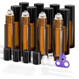 ULG Essential Oil Roller Bottles 4 Pack 10ml Amber Glass Empty Bottles with Stainless Steel Roller Balls