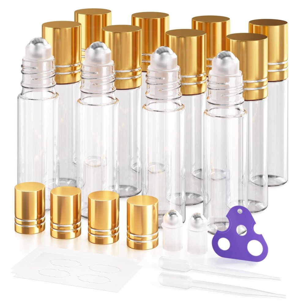 ULG Essential Oil Roller Bottles 12 Pack 10ml Clear Glass Empty Bottles with Stainless Steel Roller Balls