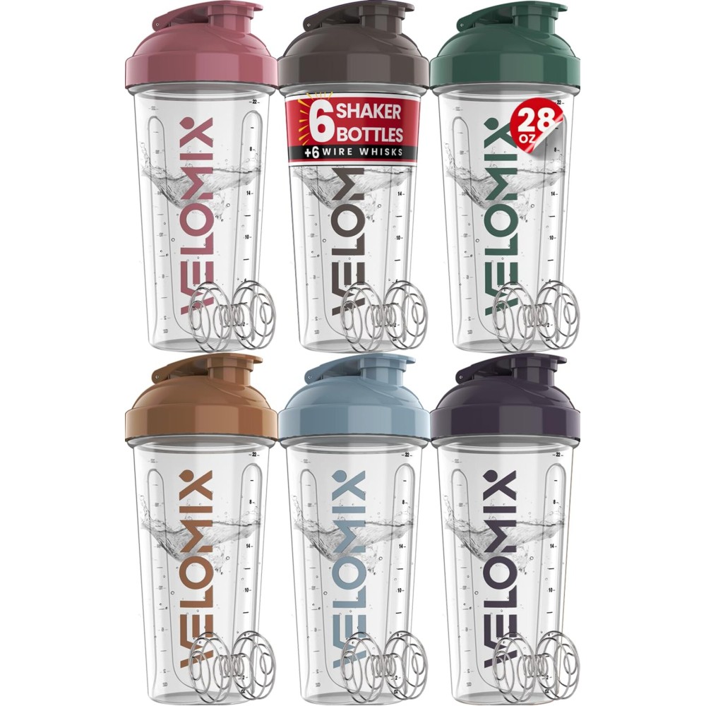 VELOMIX -6 PACK- 28 oz Protein Shaker Bottle for Protein Mixes - 6x Wire Whisk | Leak Proof Shaker Cups for Protein Shakes | Protein Shaker Bottle Pack | Protein Shake Cup (Muted Clarity)