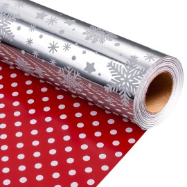 MAYPLUSS Christmas Wrapping Paper Roll - 17IN X 33FT - Christmas Gift Wrapping Paper Featuring Snowflake Against Silver Reversible Polka Dot for Kids, Holiday, New Year