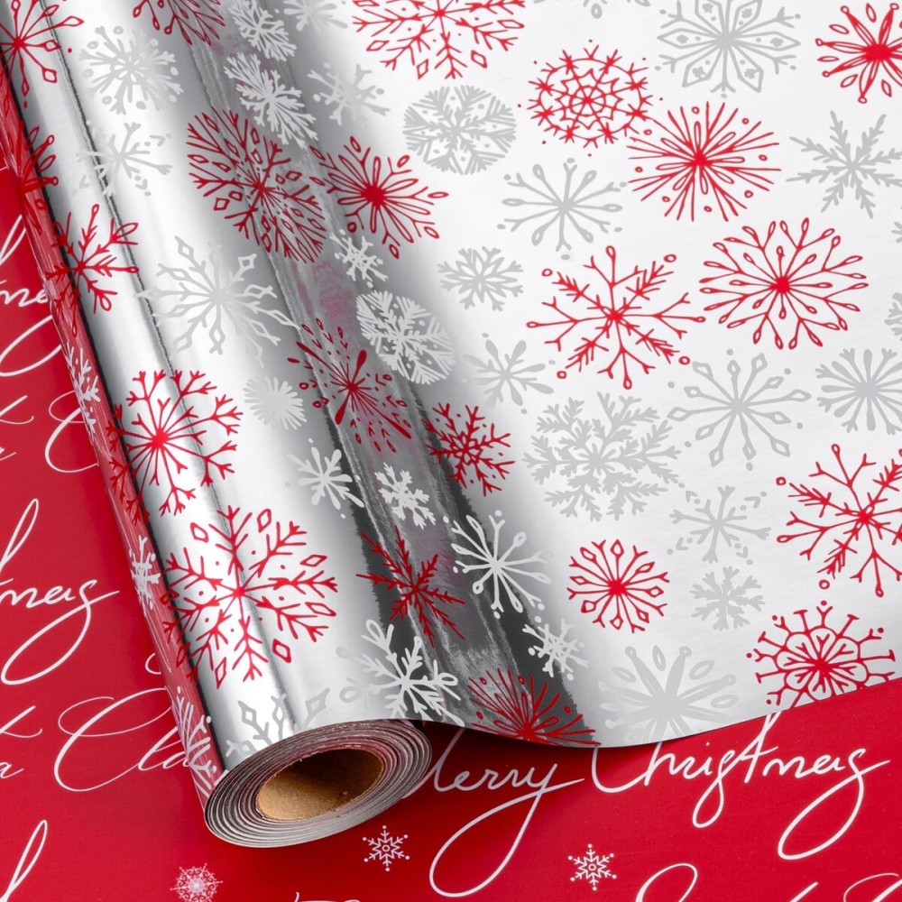 MAYPLUSS Christmas Wrapping Paper Roll - 17IN X 33FT - Christmas Gift Wrapping Paper Featuring Red and White Snowflake Against Silver Reversible Merry for Kids, Holiday, New Year