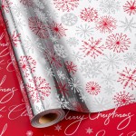 MAYPLUSS Christmas Wrapping Paper Roll - 17IN X 33FT - Christmas Gift Wrapping Paper Featuring Red and White Snowflake Against Silver Reversible Merry for Kids, Holiday, New Year