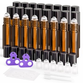 ULG 24-Pack Essential Oil Roller Bottles 10ml, Empty Bottles with Stainless Steel Roller Balls and Waterproof Labels, Amber Roller Balls For Essential Oils