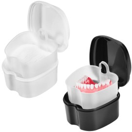 KISEER 2 Pack Colors Denture Bath Case Cup Box Holder Storage Soak Container with Strainer Basket for Travel Cleaning (White and Black)